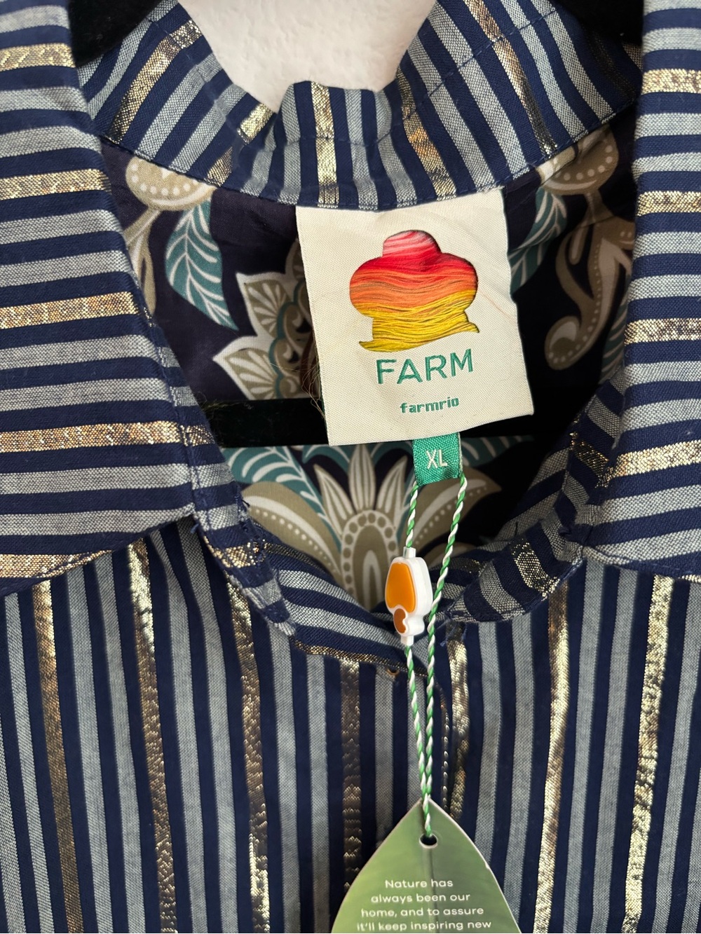 FARM Rio NWT Navy and Brown Striped Button-Down with Floral Pocket - Picture 3 of 4